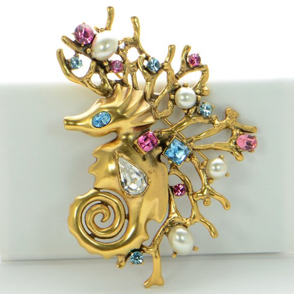 Vintage Oscar de la Renta Crystal Seahorse Pin Brooch